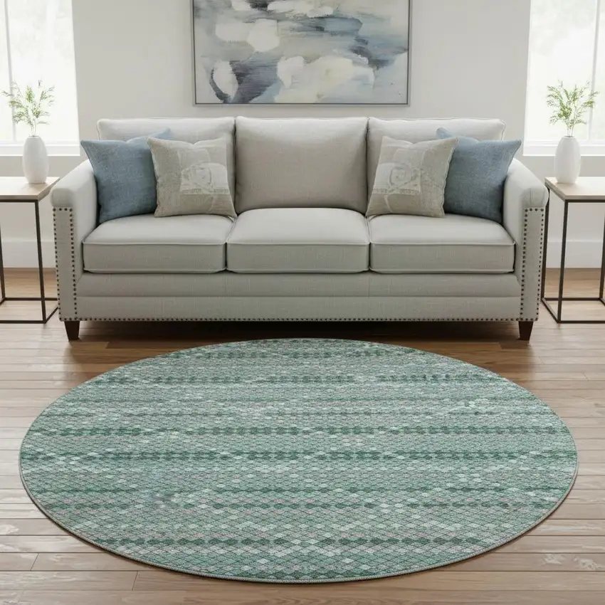 8' X 8' Teal Ivory And Lavender Geometric Washable Round Rug With UV Protection Photo 2