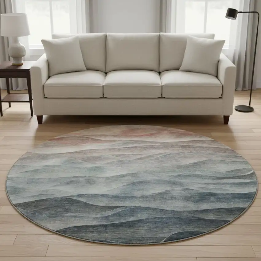 8' X 8' Teal Ivory And Salmon Abstract Washable Round Rug With UV Protection Photo 2