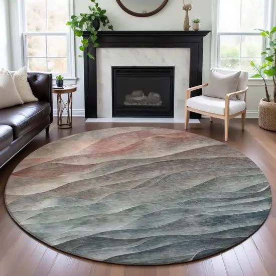 8' X 8' Teal Ivory And Salmon Abstract Washable Round Rug With UV Protection Photo 4