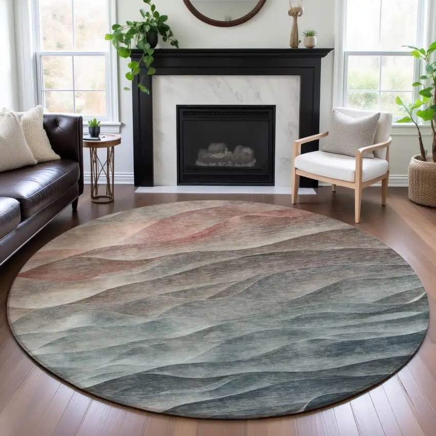 8' X 8' Teal Ivory And Salmon Abstract Washable Round Rug With UV Protection Photo 4