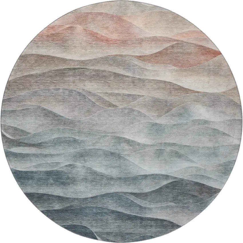 8' X 8' Teal Ivory And Salmon Abstract Washable Round Rug With UV Protection Photo 3