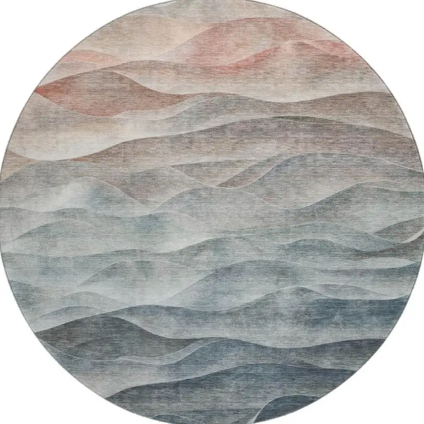 8' X 8' Teal Ivory And Salmon Abstract Washable Round Rug With UV Protection Photo 2