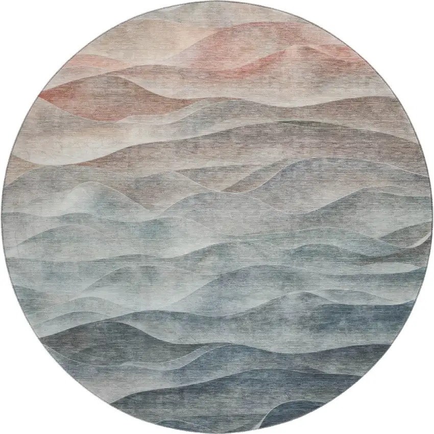 8' X 8' Teal Ivory And Salmon Abstract Washable Round Rug With UV Protection Photo 1