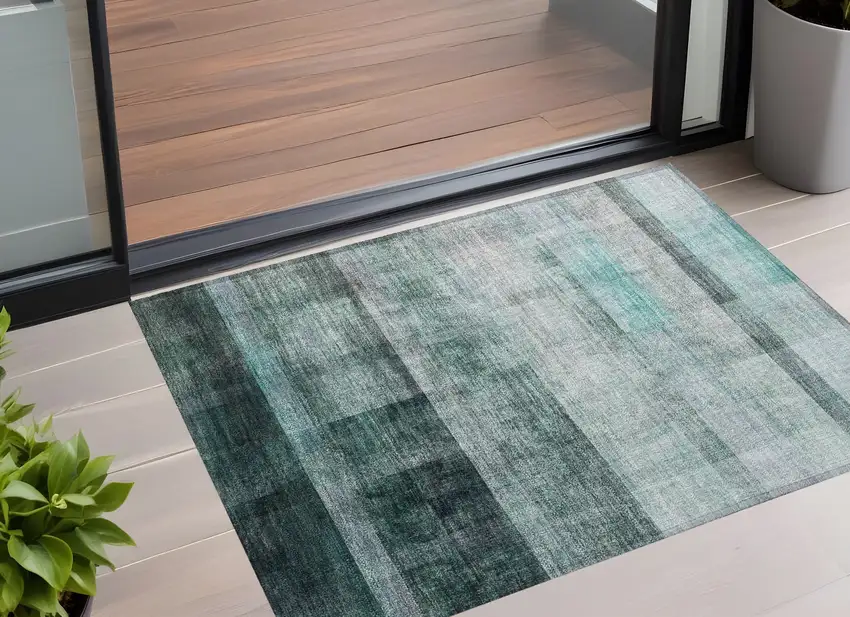 3' X 4' Teal Ombre Washable Non Skid Indoor Outdoor Area Rug Photo 1