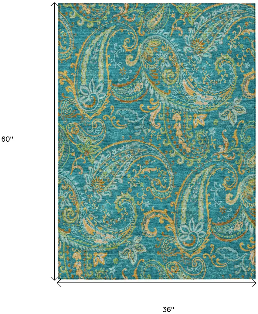 3' X 5' Teal Paisley Washable Non Skid Indoor Outdoor Area Rug Photo 3