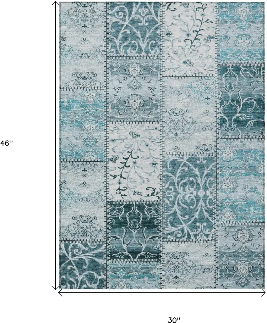 3' X 4' Teal Patchwork Washable Non Skid Indoor Outdoor Area Rug Photo 3