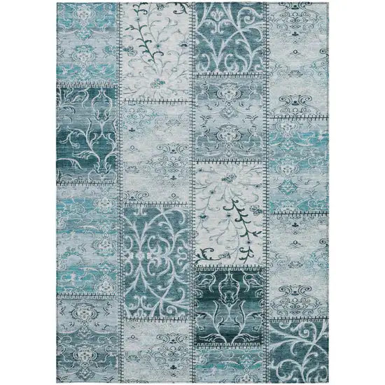 Teal Patchwork Washable Non Skid Indoor Outdoor Area Rug Photo 3