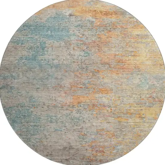 8' X 8' Teal Peach And Gold Abstract Washable Round Rug With UV Protection Photo 3