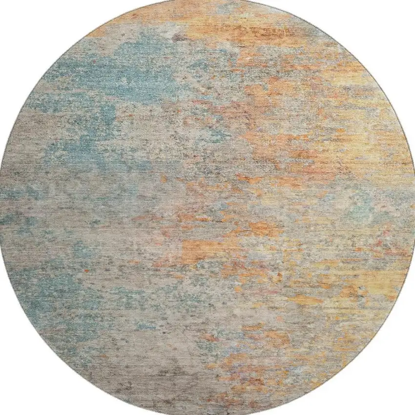 8' X 8' Teal Peach And Gold Abstract Washable Round Rug With UV Protection Photo 3
