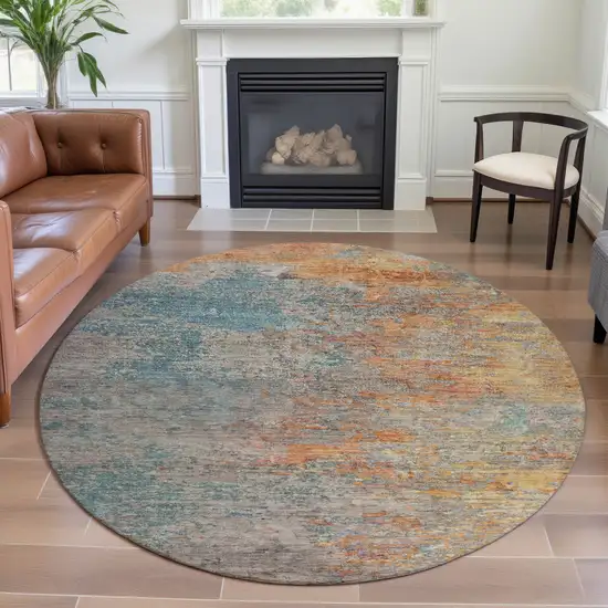 8' X 8' Teal Peach And Gold Abstract Washable Round Rug With UV Protection Photo 4