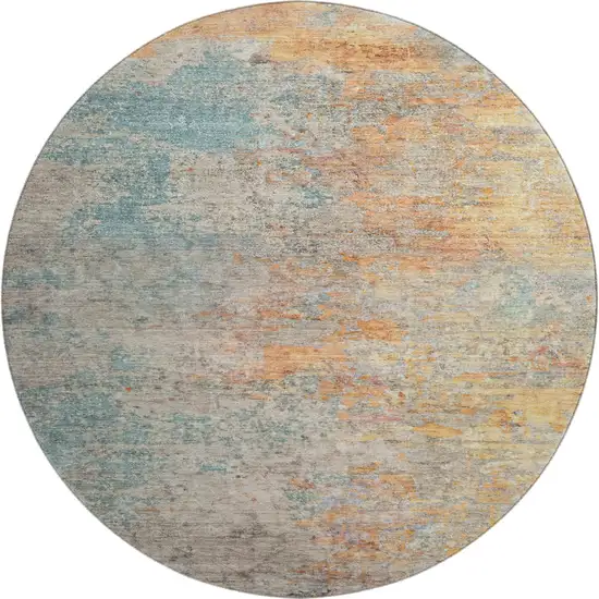 8' X 8' Teal Peach And Gold Abstract Washable Round Rug With UV Protection Photo 1