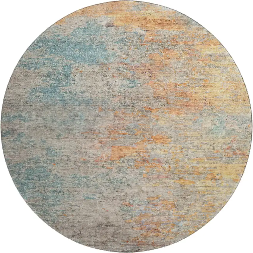8' X 8' Teal Peach And Gold Abstract Washable Round Rug With UV Protection Photo 1