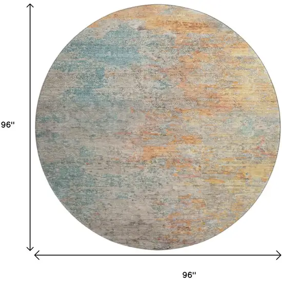 8' X 8' Teal Peach And Gold Abstract Washable Round Rug With UV Protection Photo 9