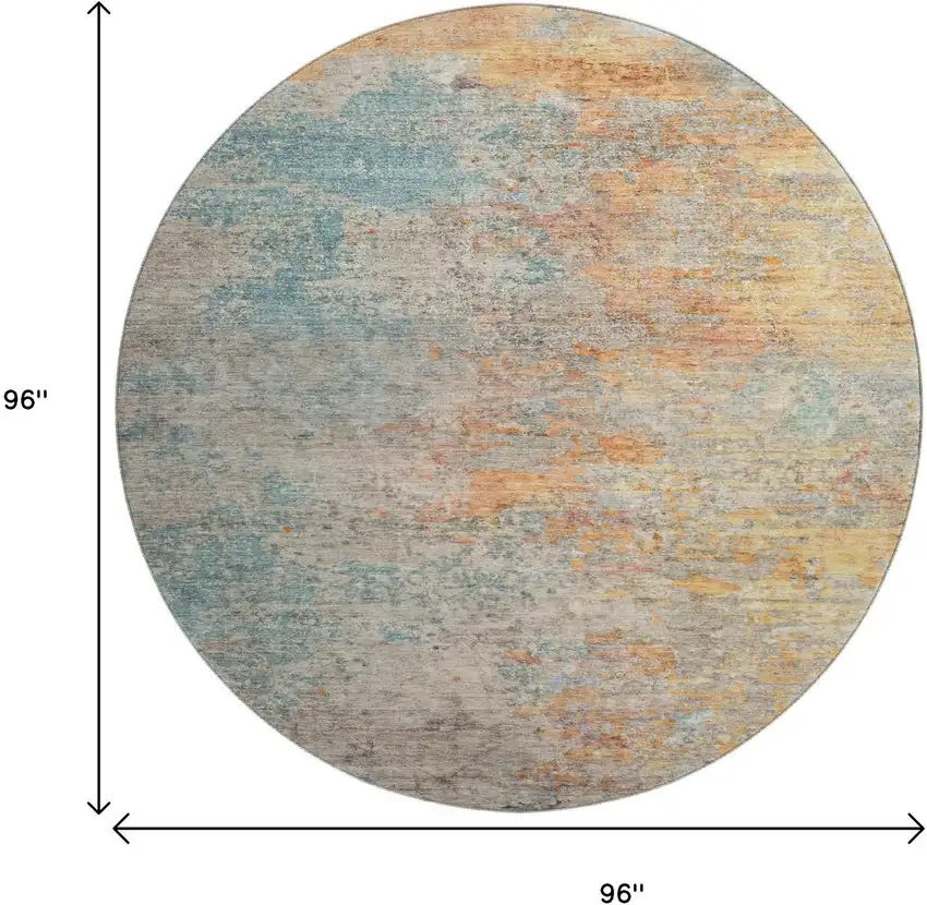 8' X 8' Teal Peach And Gold Abstract Washable Round Rug With UV Protection Photo 9