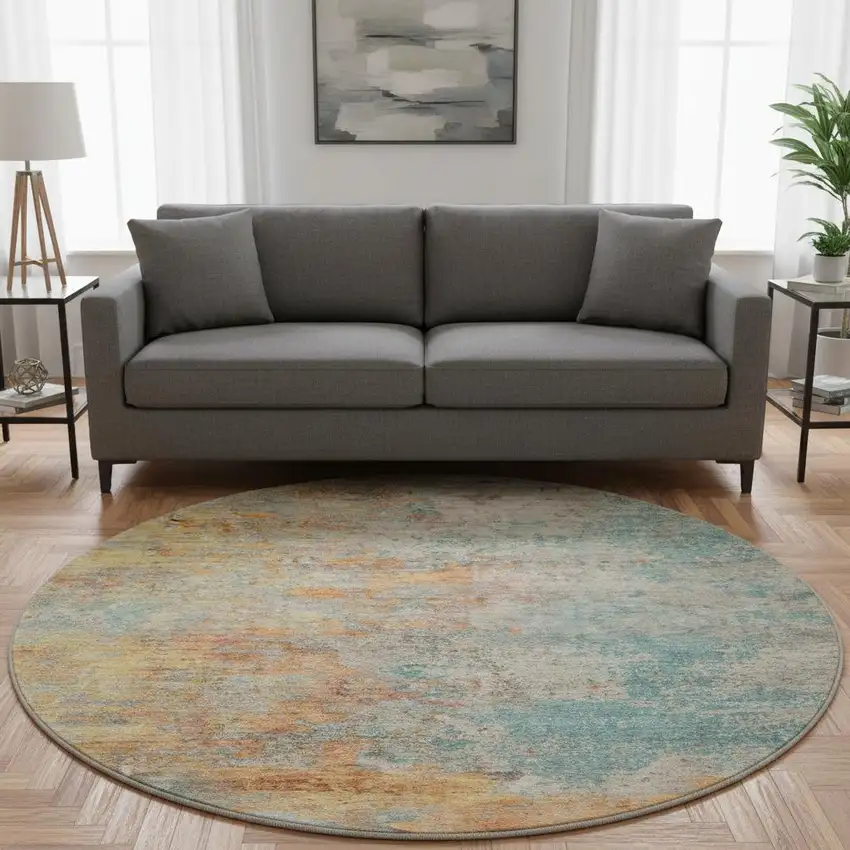 8' X 8' Teal Peach And Gold Abstract Washable Round Rug With UV Protection Photo 2