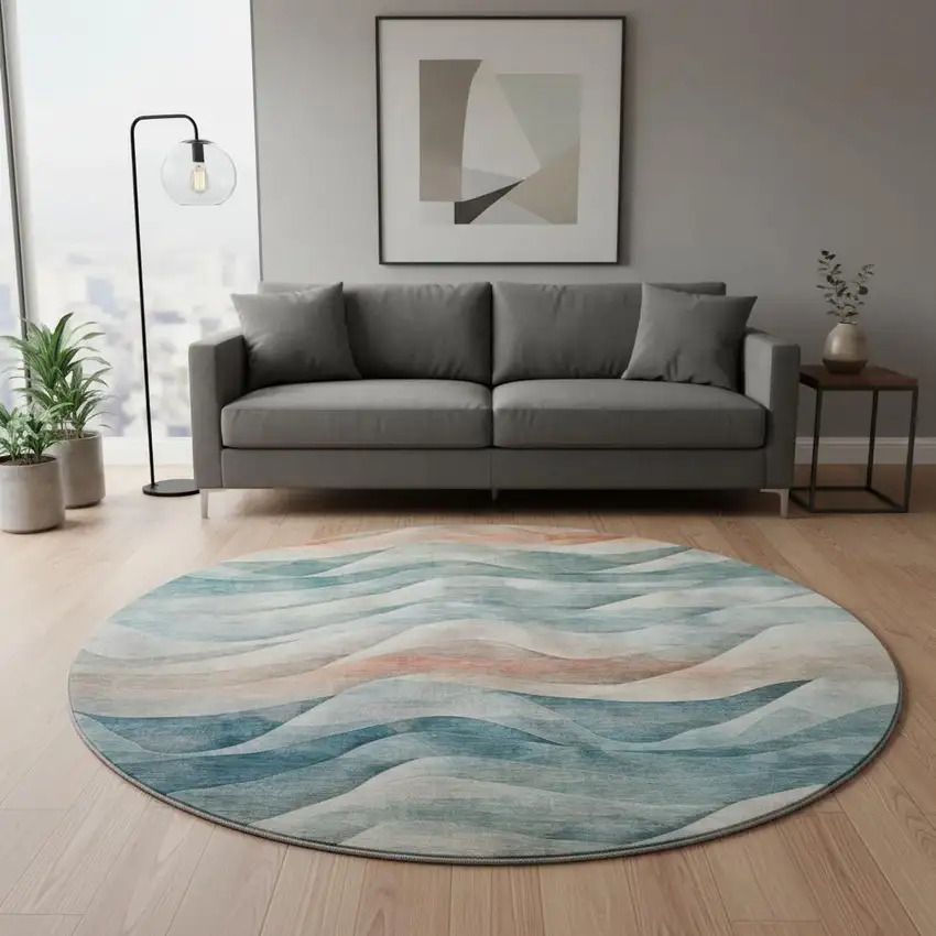 8' X 8' Teal Peach And Ivory Abstract Washable Round Rug With UV Protection Photo 2