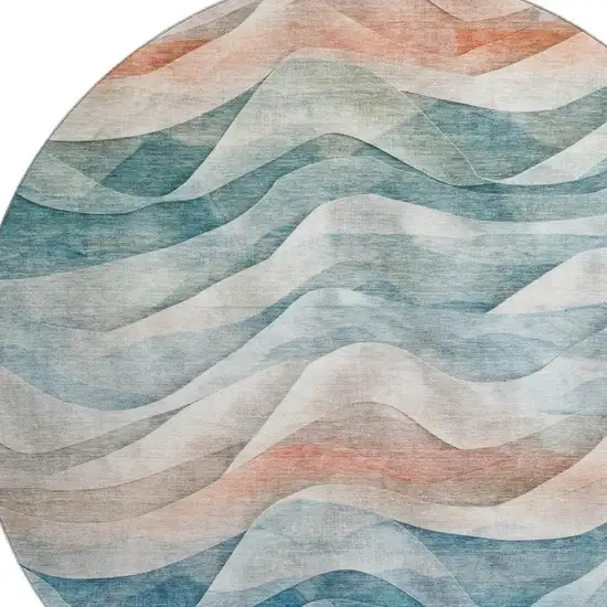 8' X 8' Teal Peach And Ivory Abstract Washable Round Rug With UV Protection Photo 2