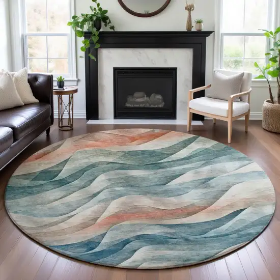 8' X 8' Teal Peach And Ivory Abstract Washable Round Rug With UV Protection Photo 4