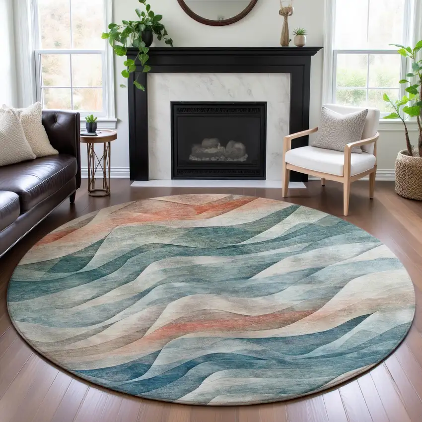 8' X 8' Teal Peach And Ivory Abstract Washable Round Rug With UV Protection Photo 4