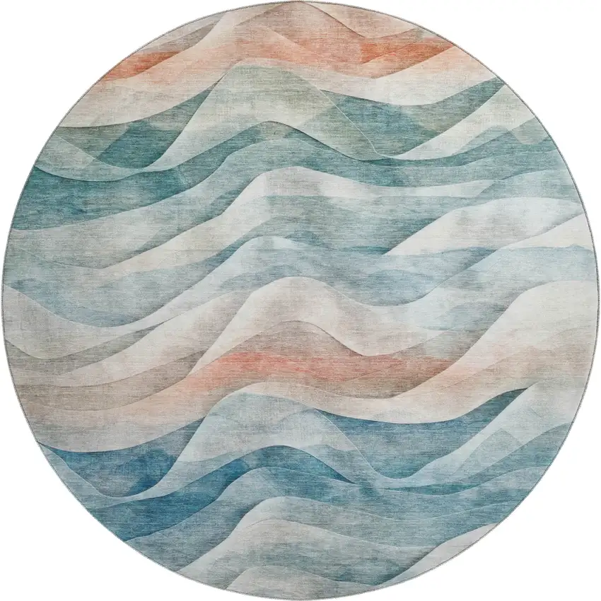 8' X 8' Teal Peach And Ivory Abstract Washable Round Rug With UV Protection Photo 1