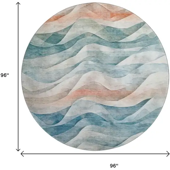 8' X 8' Teal Peach And Ivory Abstract Washable Round Rug With UV Protection Photo 9