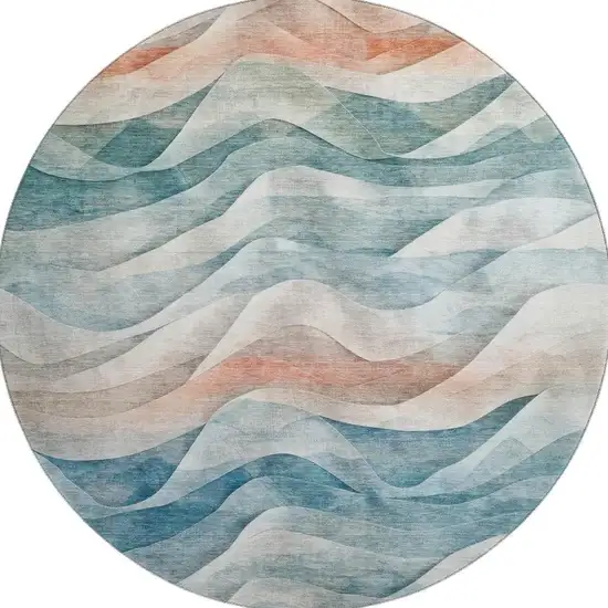 8' X 8' Teal Peach And Ivory Abstract Washable Round Rug With UV Protection Photo 3