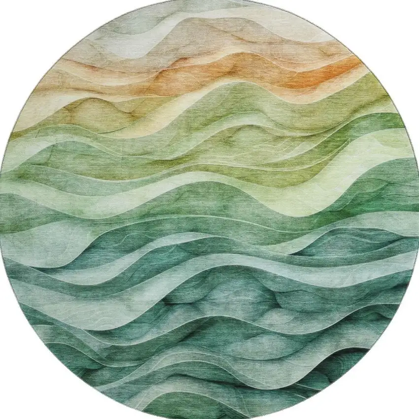 8' X 8' Teal Peach And Lime Green Abstract Washable Round Rug With UV Protection Photo 3