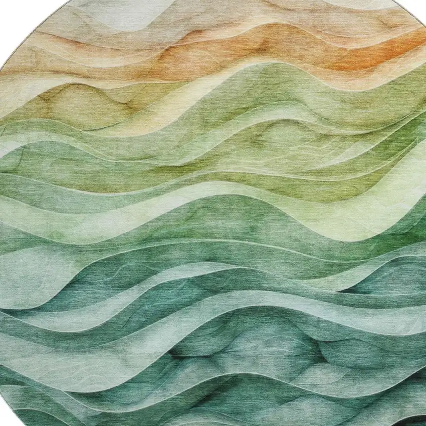 8' X 8' Teal Peach And Lime Green Abstract Washable Round Rug With UV Protection Photo 2