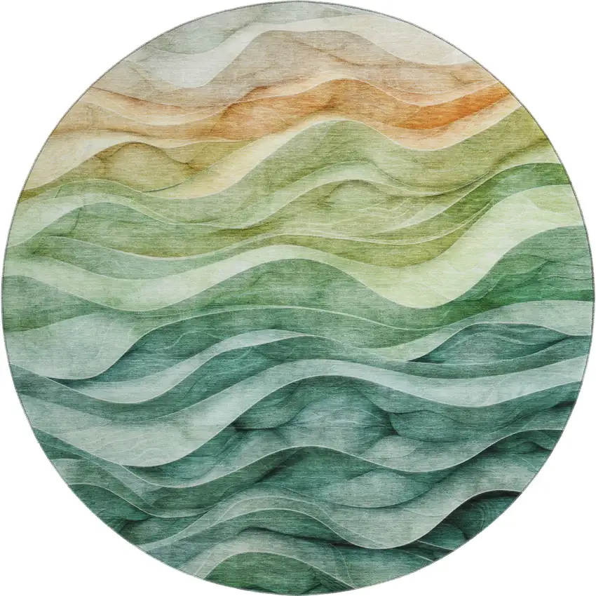 8' X 8' Teal Peach And Lime Green Abstract Washable Round Rug With UV Protection Photo 1