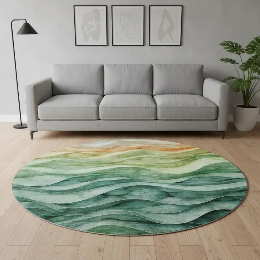 8' X 8' Teal Peach And Lime Green Abstract Washable Round Rug With UV Protection Photo 2