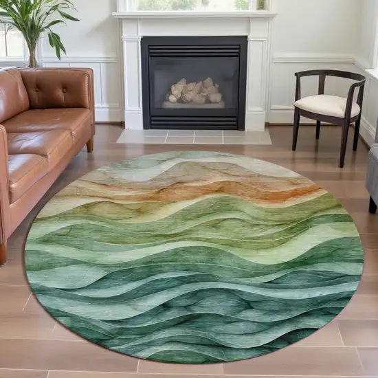 8' X 8' Teal Peach And Lime Green Abstract Washable Round Rug With UV Protection Photo 4