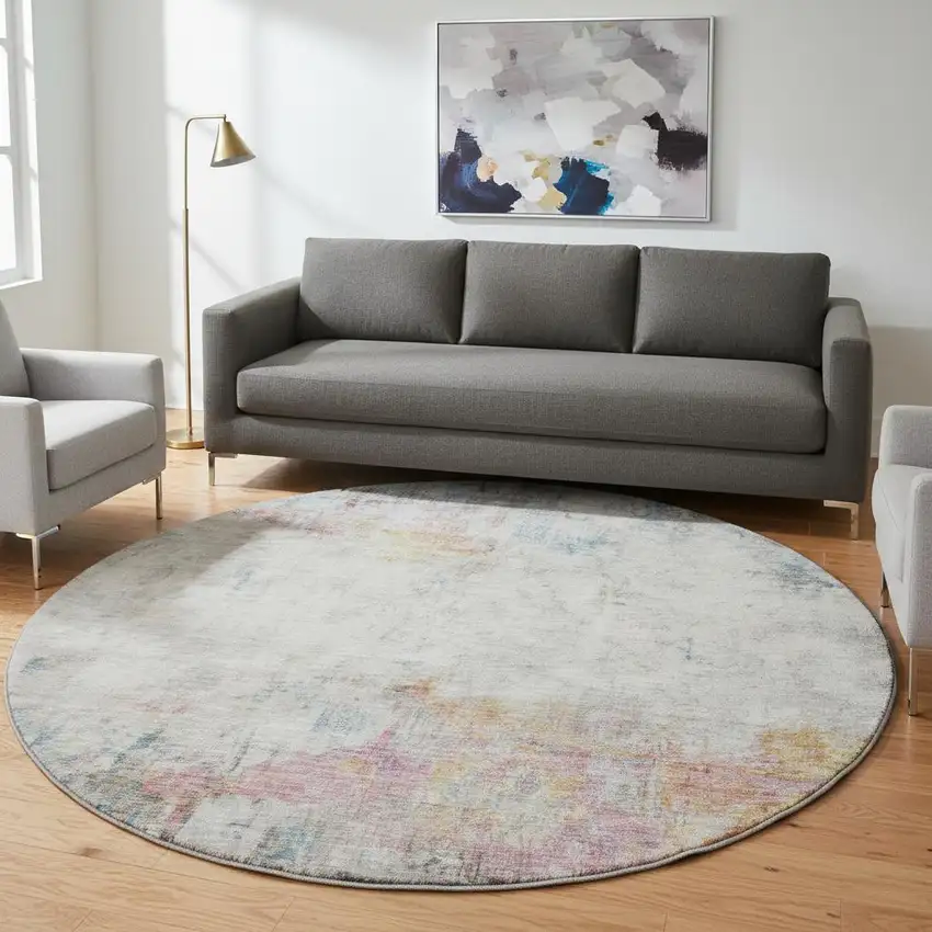 8' X 8' Teal Pink And Gold Abstract Washable Round Rug With UV Protection Photo 2