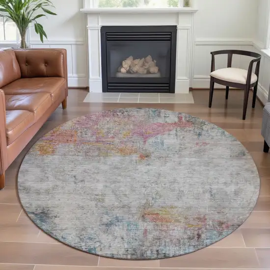 8' X 8' Teal Pink And Gold Abstract Washable Round Rug With UV Protection Photo 4