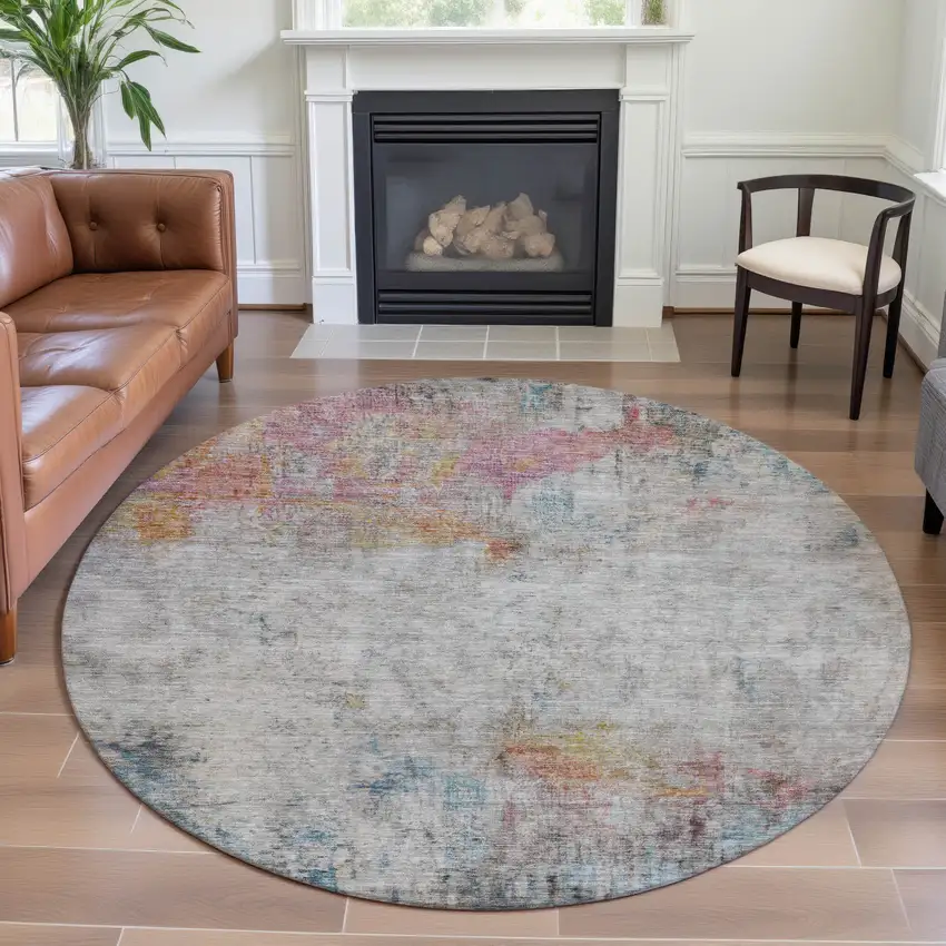 8' X 8' Teal Pink And Gold Abstract Washable Round Rug With UV Protection Photo 4