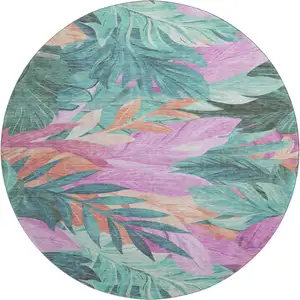 Photo of 8' X 8' Teal Pink And Salmon Floral Washable Round Rug With UV Protection