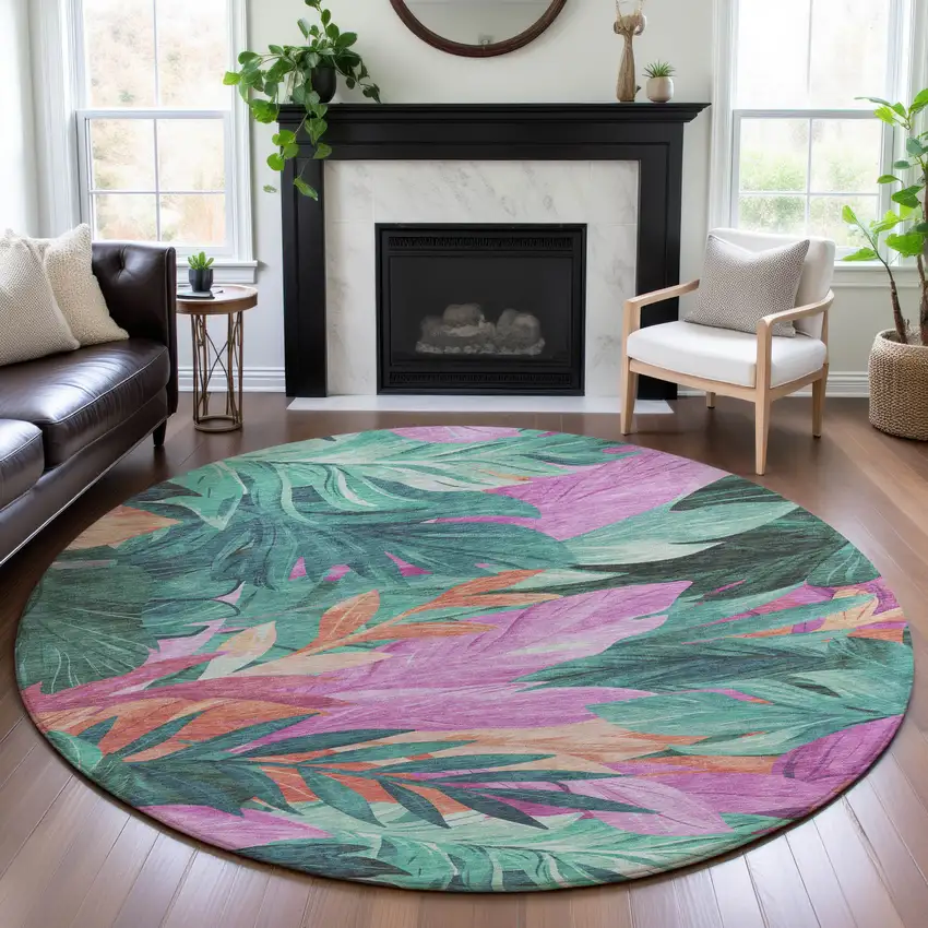 8' X 8' Teal Pink And Salmon Floral Washable Round Rug With UV Protection Photo 4