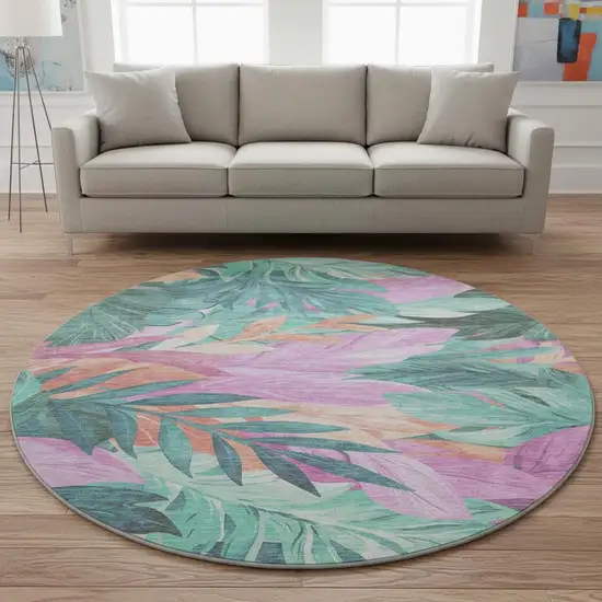 8' X 8' Teal Pink And Salmon Floral Washable Round Rug With UV Protection Photo 2