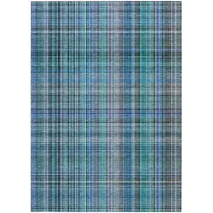 Photo of 3' X 4' Teal Plaid Washable Non Skid Indoor Outdoor Area Rug