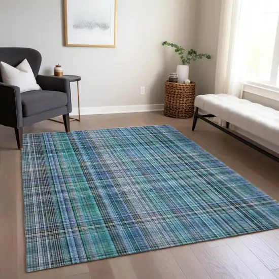 Blue Teal and Gray Plaid Washable Non Skid Indoor Outdoor Area Rug Photo 9