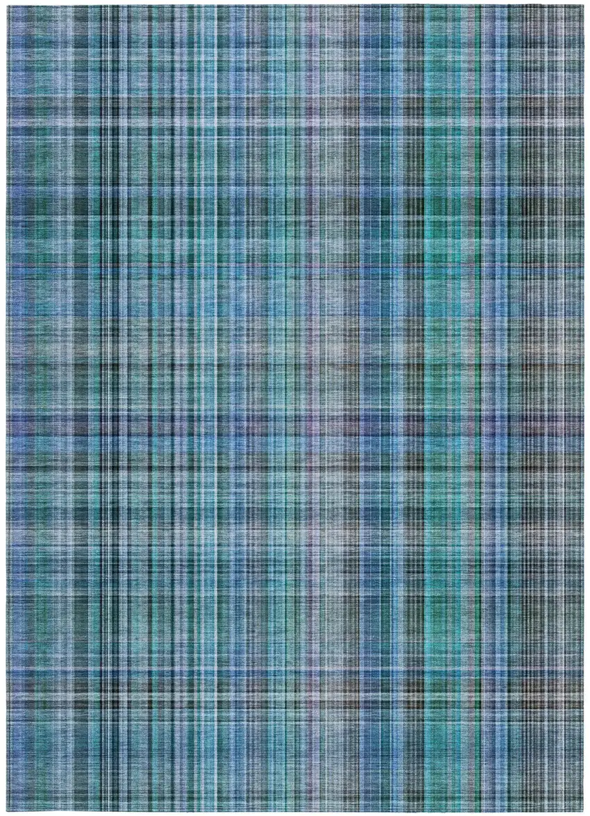 Blue Teal and Gray Plaid Washable Non Skid Indoor Outdoor Area Rug Photo 5