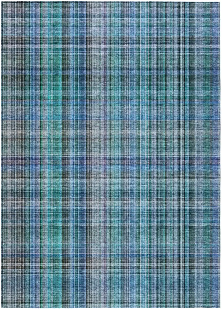 3' X 5' Teal Plaid Washable Non Skid Indoor Outdoor Area Rug Photo 2