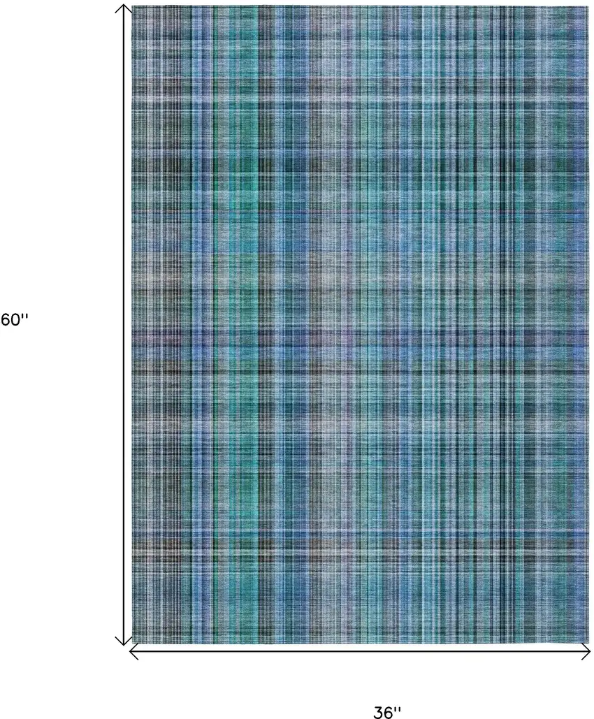 3' X 5' Teal Plaid Washable Non Skid Indoor Outdoor Area Rug Photo 3
