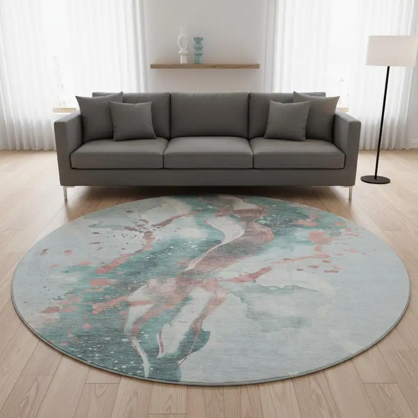 8' X 8' Teal Salmon And Ivory Abstract Washable Round Rug With UV Protection Photo 2