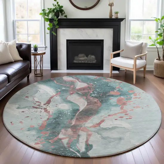 8' X 8' Teal Salmon And Ivory Abstract Washable Round Rug With UV Protection Photo 4