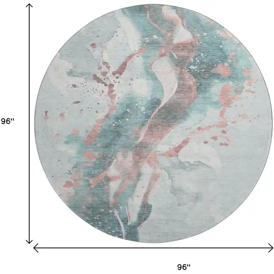 8' X 8' Teal Salmon And Ivory Abstract Washable Round Rug With UV Protection Photo 9