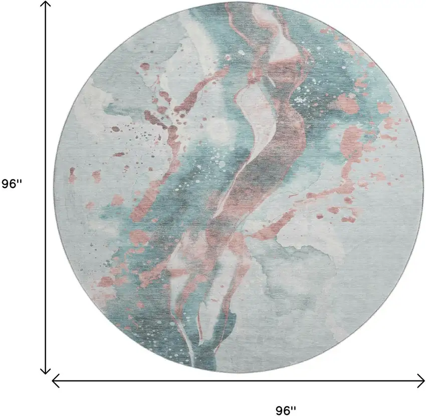 8' X 8' Teal Salmon And Ivory Abstract Washable Round Rug With UV Protection Photo 9