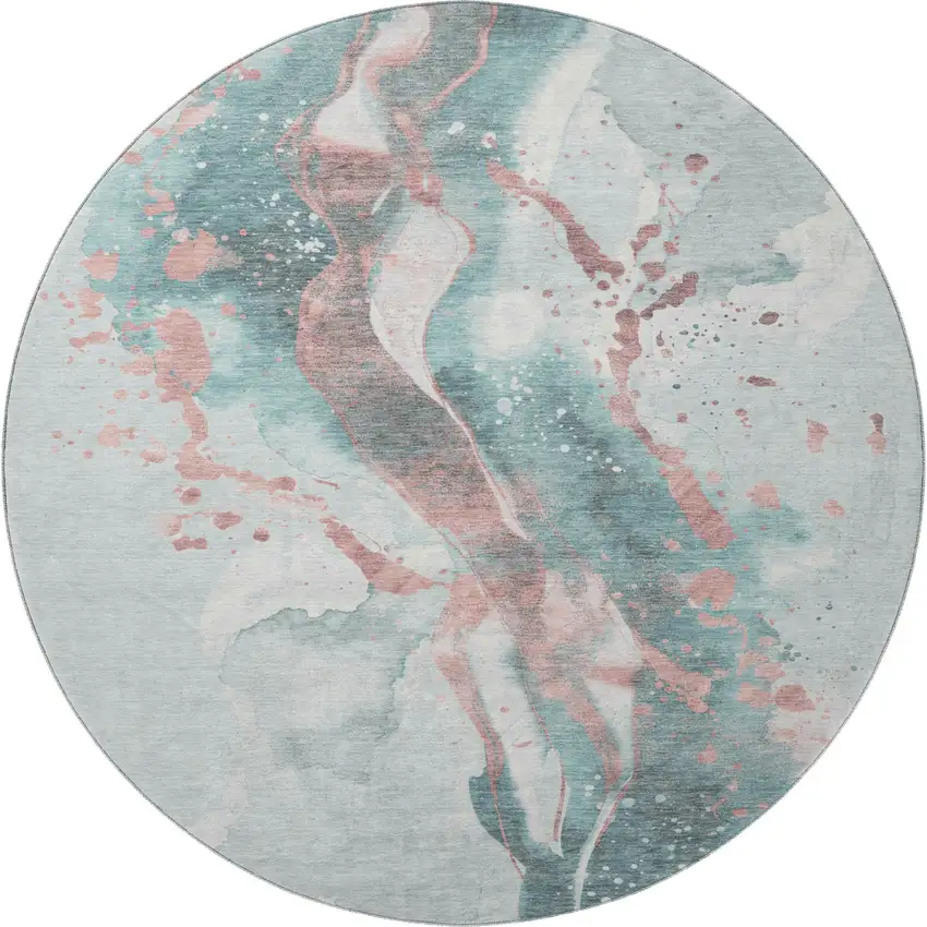 8' X 8' Teal Salmon And Ivory Abstract Washable Round Rug With UV Protection Photo 3