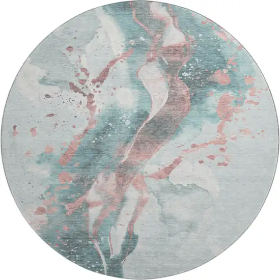 8' X 8' Teal Salmon And Ivory Abstract Washable Round Rug With UV Protection Photo 1
