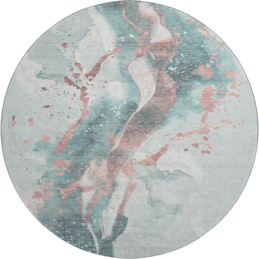 8' X 8' Teal Salmon And Ivory Abstract Washable Round Rug With UV Protection Photo 1
