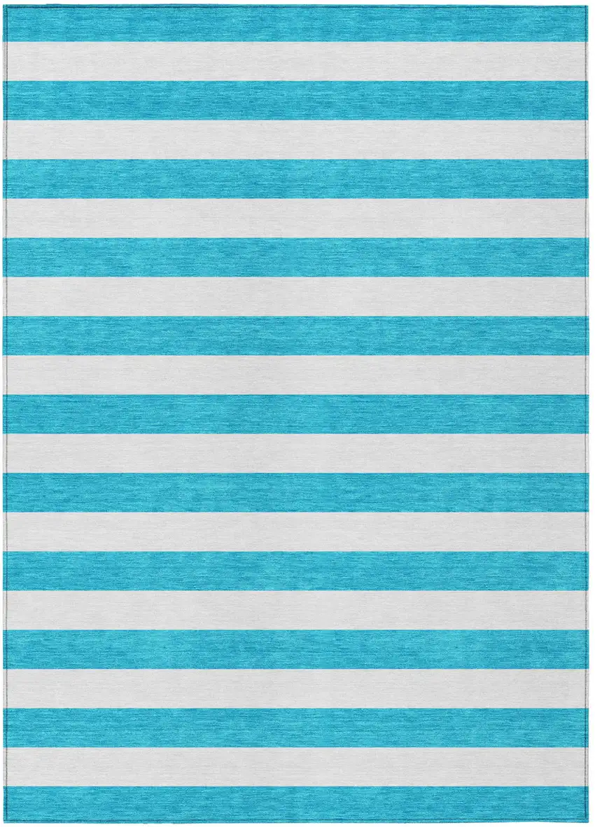 Teal and White Striped Washable Indoor Outdoor Area Rug Photo 2